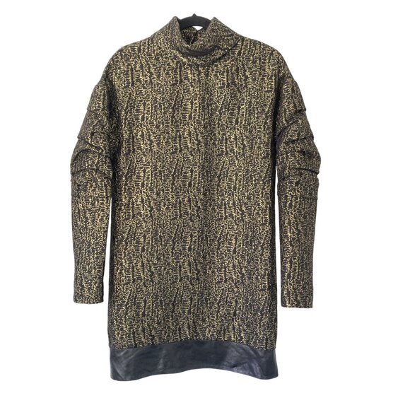 Mart Size 0 Metallic Gold Black Structured Mini Dress Lambskin Leather Trim Silk - Picture 1 of 13